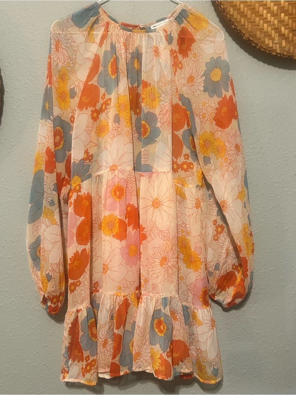 ASOS Floral Tiered Midi Dress in Cream, Orange & Blue